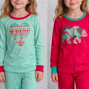 Youth Pajama Tops Set of 2 Eddie Bauer Long Sleeves Bear & Heart Print MEDIUM